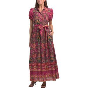 CELINA MOON Short Sleeve Floral Maxi Dress With Belt